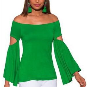 Boston Proper Green Flare Sleeve Slit Off The Shoulder Top